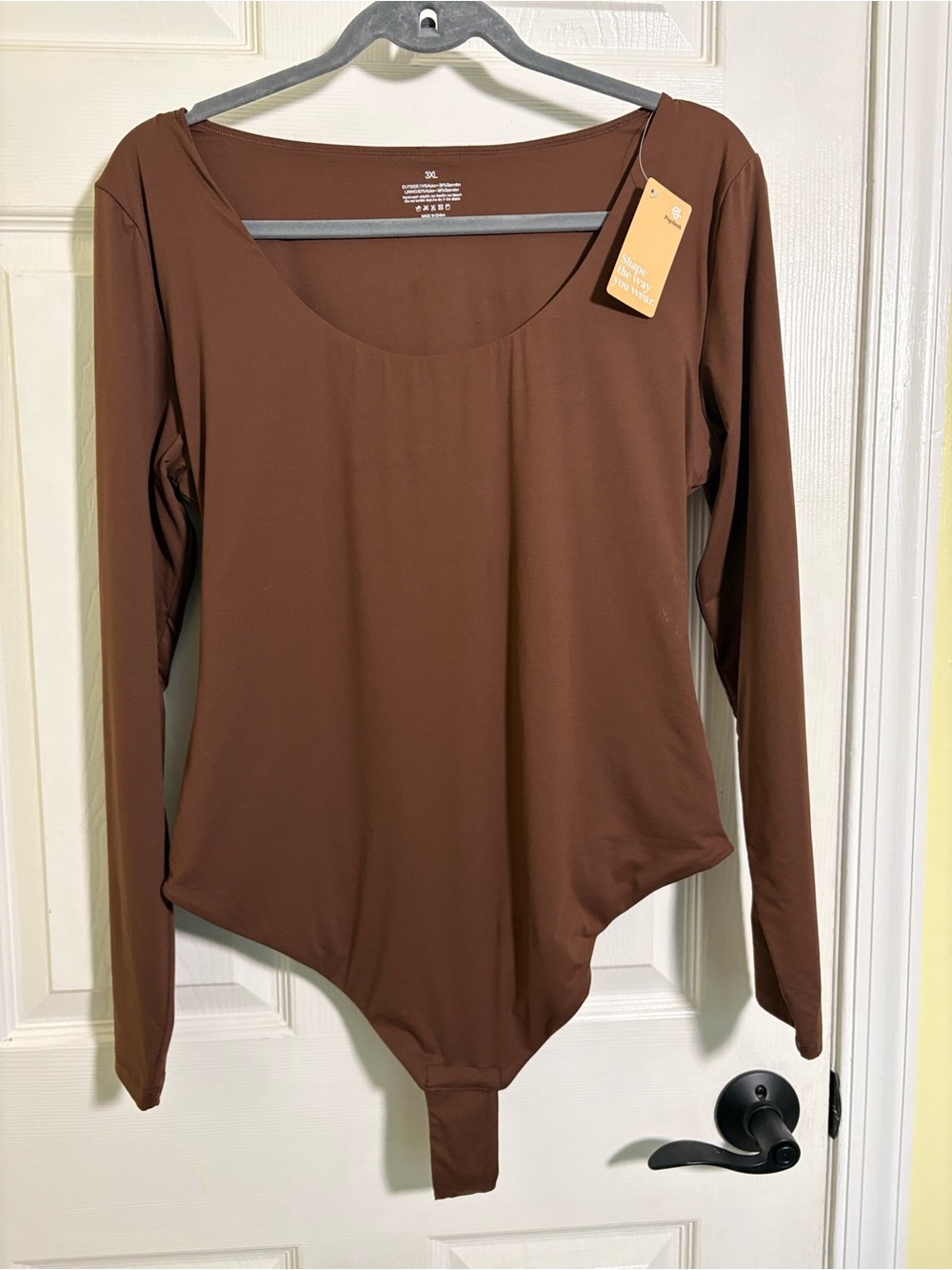 Popilush Scoop Neck Long Sleeve Bodysuit Tummy Control Thong Body Suit Brown 3X